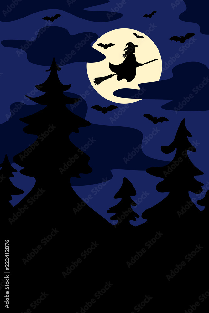 Fototapeta premium Silhouettes of witch flying on broomstick and bats. Full moon on the night forest background. Vector.