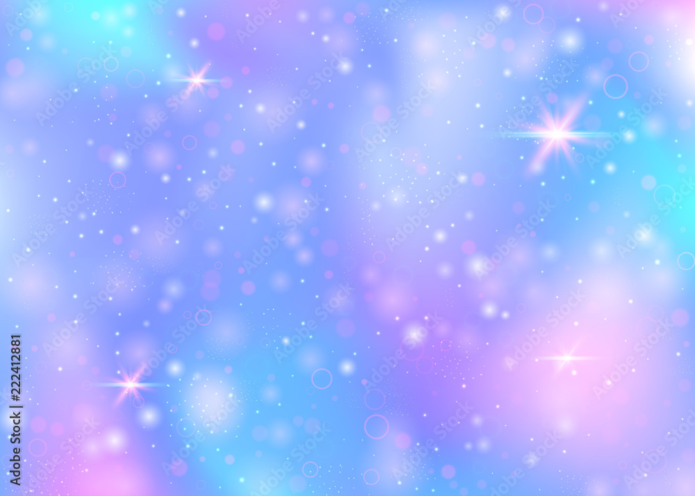 Holographic background with rainbow mesh. Kawaii universe banner in princess colors. Fantasy gradient backdrop with hologram. Holographic unicorn background with fairy sparkles, stars and blurs. Holographic background with rainbow mesh. Kawaii universe banner in princess colors. Fantasy gradient backdrop with hologram. Holographic unicorn background with fairy sparkles, stars and blurs.