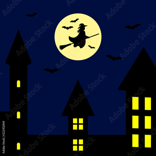 Silhouettes of witch flying on broomstick and bats. Full moon on the night town background. Vector.