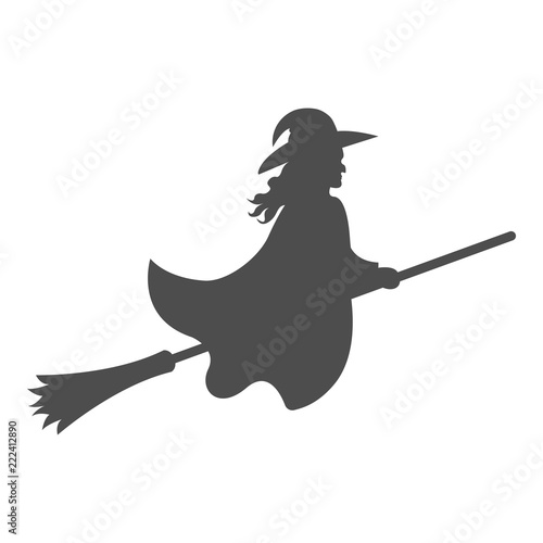 Silhouette of witch flying on broomstick. Vector.