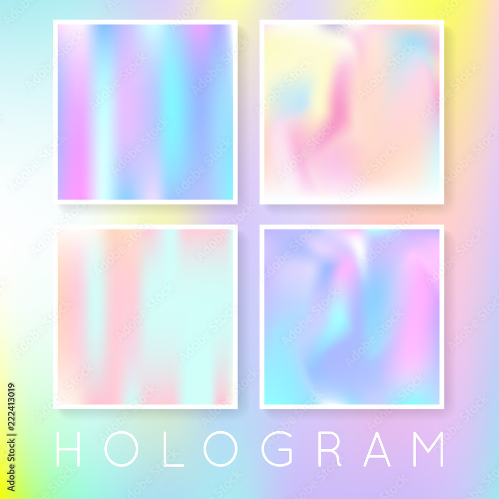 Holographic foil backgrounds set. Trendy gradient backdrop with holographic foil. 90s, 80s retro style. Iridescent graphic template for brochure, flyer, poster, wallpaper, mobile screen.