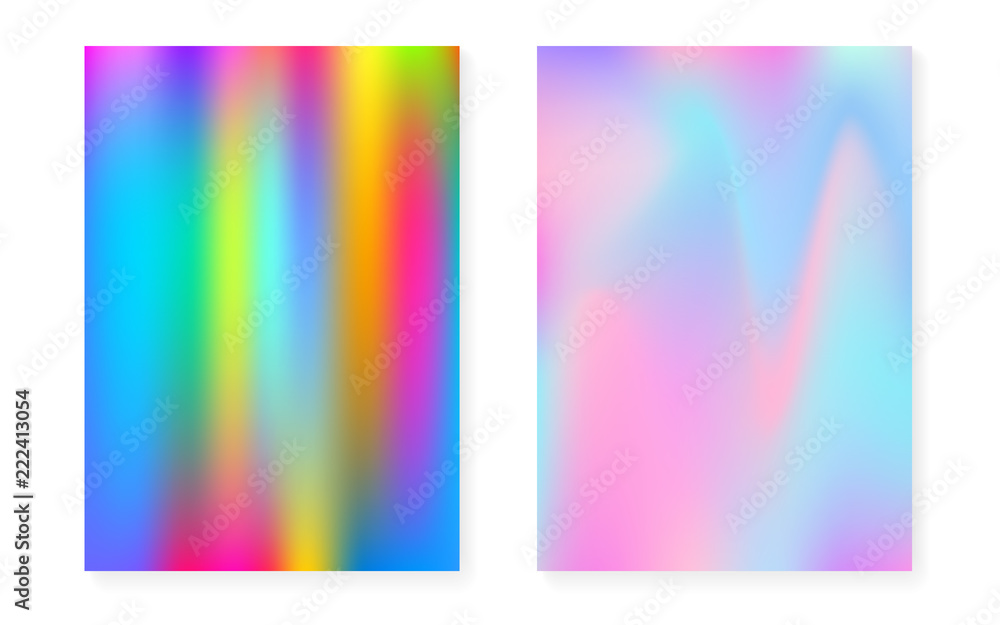 Holographic cover set with hologram gradient background. 90s, 80s retro style. Pearlescent graphic template for book, annual, mobile interface, web app. Multicolor minimal holographic cover.