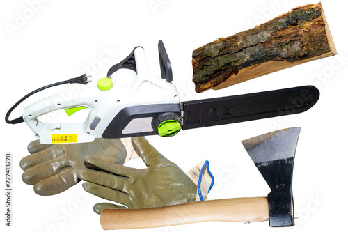 ax and chainsaw, tools for cutting wood, isolated on white background