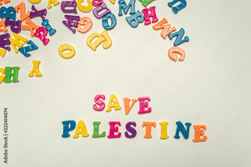 Save palestine.  Words made by colorful plastic letters
