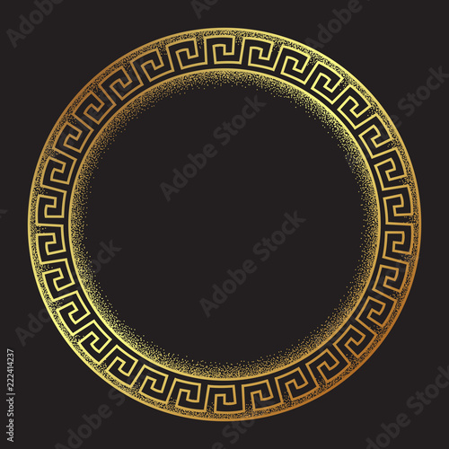 Antique greek style gold meander ornanent hand drawn line art and dot work round frame design vector illustration.