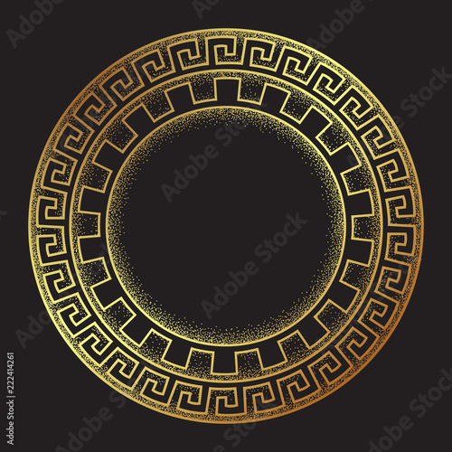 Antique greek style gold meander ornanent hand drawn line art and dot work round frame design vector illustration.