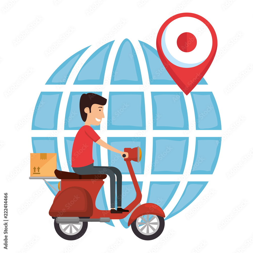 delivery worker in motorcycle and planet