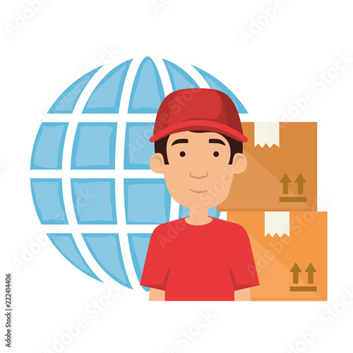 delivery worker with boxes and planet