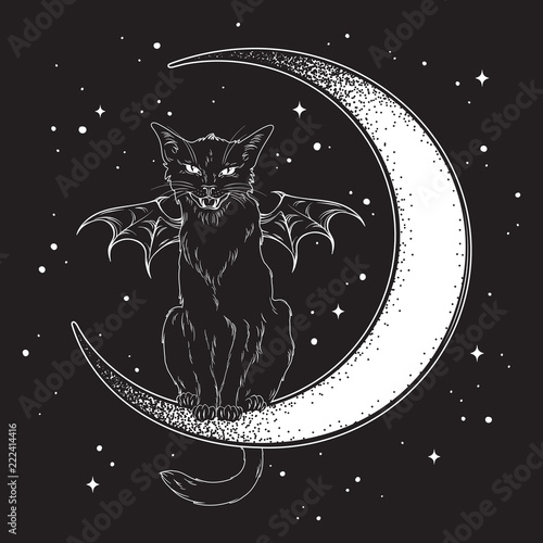 Black cat with bat wings sitting on the crescent moon isolated line art and dotwork vector illustration. Witches familiar spirit animal, gothic style card or poster design.