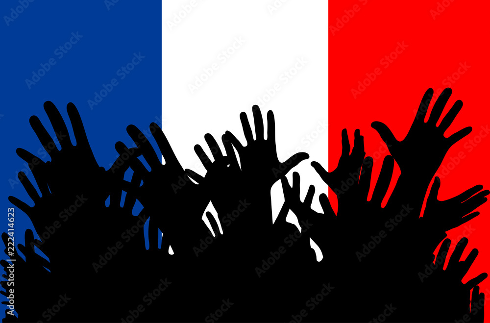 Hands up silhouettes on a France flag. Crowd of fans of soccer, games, cheerful people at a party. Vector banner, card, poster.
