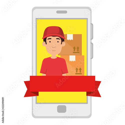 smartphone with delivery worker and boxes