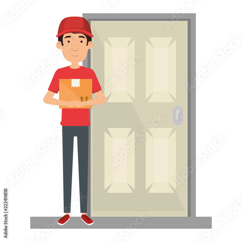 delivery worker lifting box in door