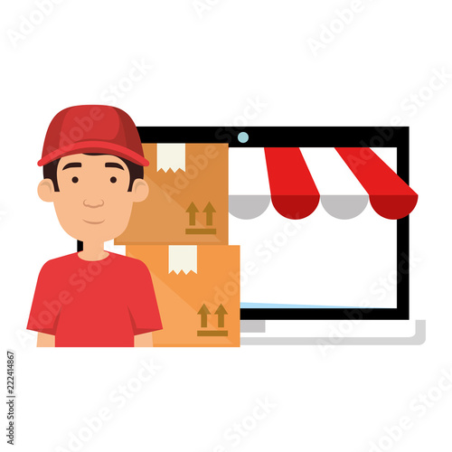 laptop with delivery worker and boxes