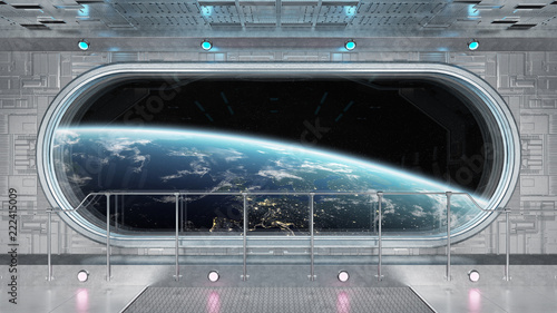 Fototapeta Naklejka Na Ścianę i Meble -  White tech spaceship round window interior background 3D rendering