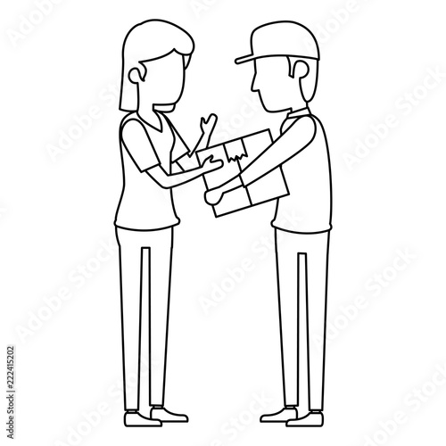 delivery worker lifting box and receiving woman