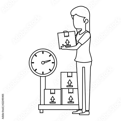 woman receiving merchandise with boxes and balance