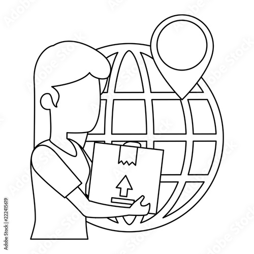 woman receiving merchandise with box and planet