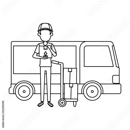 delivery worker with cart and truck
