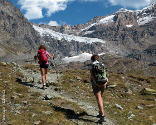 Trekking in alta montagna, ghiacciaio di Fellaria, Valmalenco, Italy photo