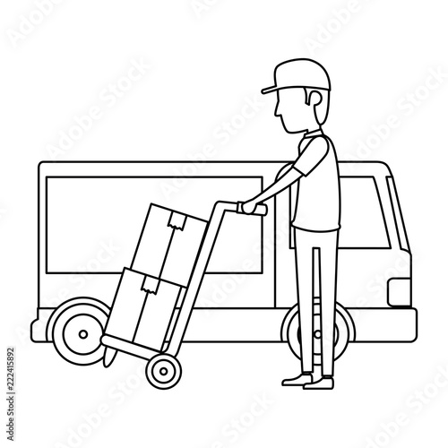delivery worker with cart and truck