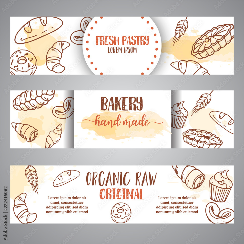 Vintage sketch bakery banners, pastries, sweets, desserts, cake, muffin and bun. Hand drawn design for menu, banner, card, bakery shop Vector
