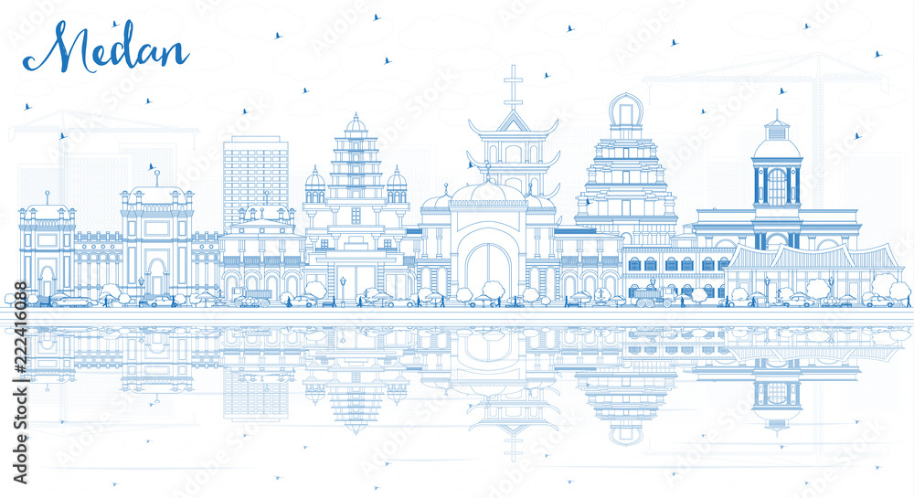 Outline Medan Indonesia City Skyline with Blue Buildings and Reflections.