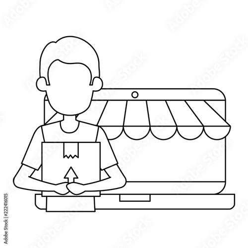 laptop with woman receiving merchandise