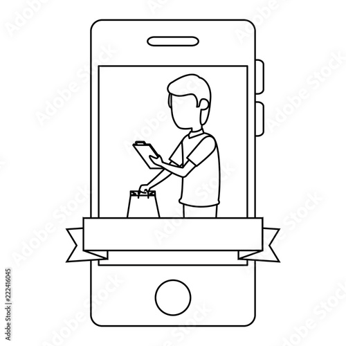 smartphone with delivery worker shopping bag