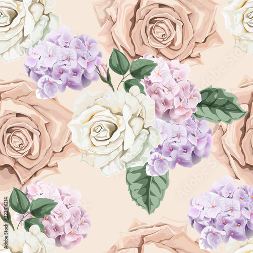 Seamless background pattern.Roses and hydranyea with leaves. Watercolor, hand drawn. on beige background Vector illustration