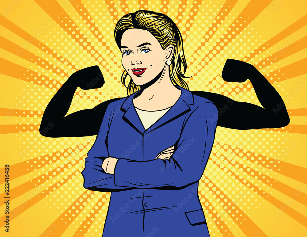 Fototapeta premium Vector color pop art comic style vintage poster of strong business woman. A woman worker in an office suit with muscles over halftone dot background. Female power. A female boss shows a strength.