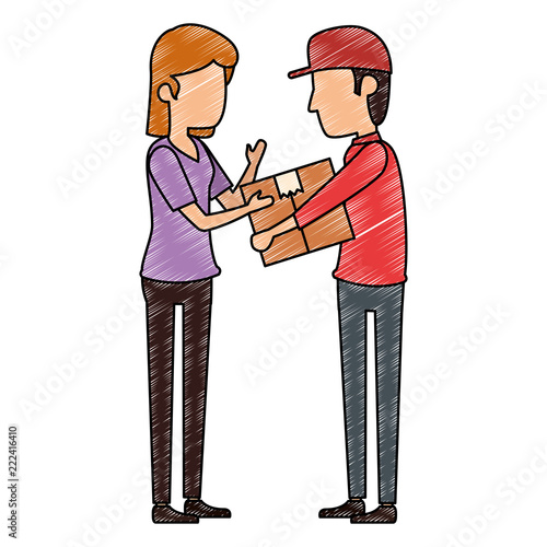 delivery worker lifting box and receiving woman