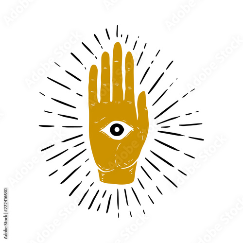 Hand drawn illustration of sunburst, hand, and all seeing eye symbol. Eye of Providence. Masonic symbol.