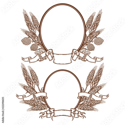 Set of frames from wheat and beer hop. Design element for beer bottle decoration, poster, banner.