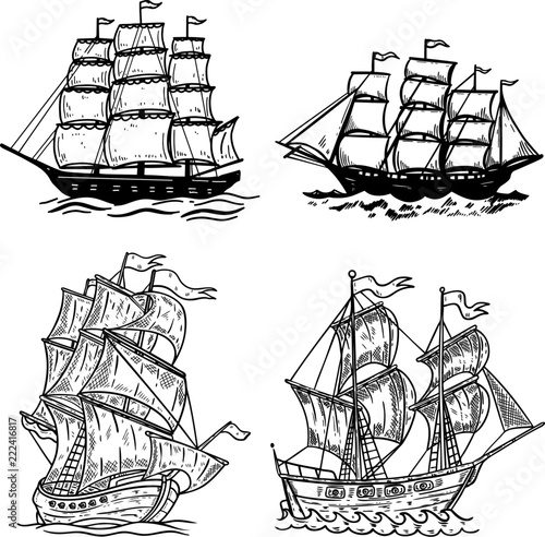 Set of sea ship illustrations isolated on white background. Design element for poster, t shirt, card, emblem, sign, badge, logo.