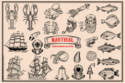 Big set of design elements for nautical emblems, seafood restaurant.