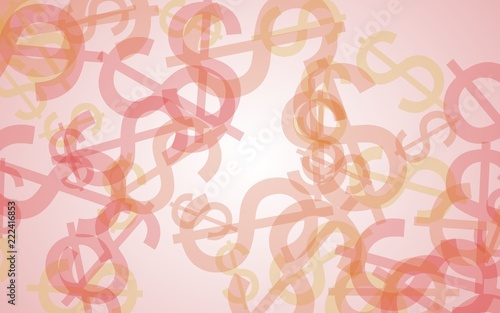 Multicolored translucent dollar signs on white background. Orange tones. 3D illustration