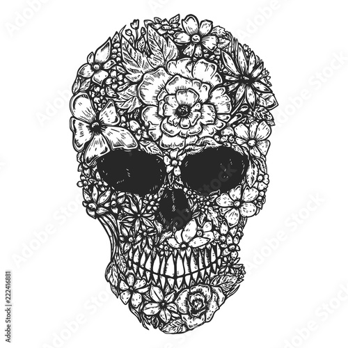 Hand Drawn Human Skull Made from flowers. Botany cranium. Design element for poster, t shirt.