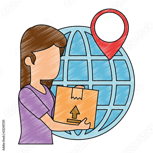 woman receiving merchandise with box and planet