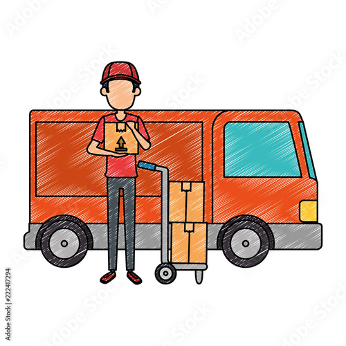 delivery worker with cart and truck