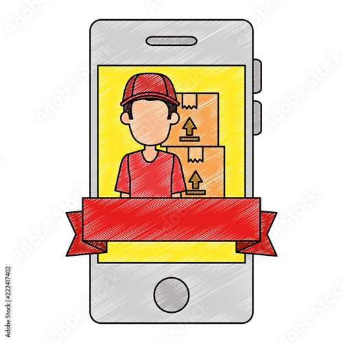 smartphone with delivery worker and boxes