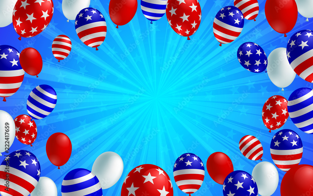 Obraz premium Blue color burst background poster flyer banner. American flag balloon vector design. Holiday celebration concept template.