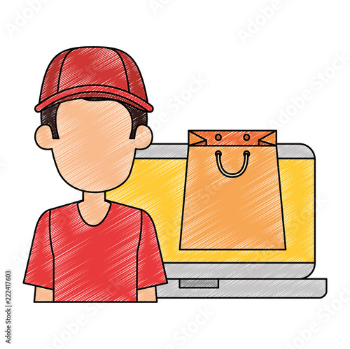laptop with delivery worker and shopping bag