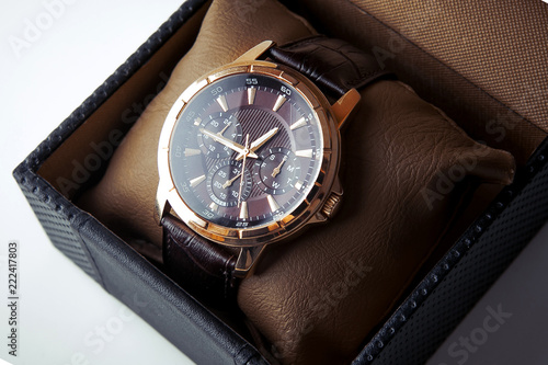 Luxury mens wristwatch displayed and packaged in a box