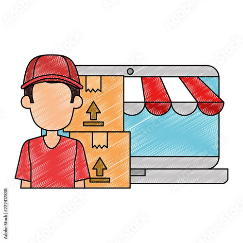 laptop with delivery worker and boxes