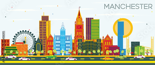 Manchester Skyline with Color Buildings and Blue Sky.