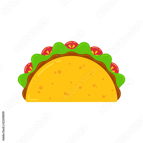 Mexican cuisine fast food delicious tacos drawing. Vector flat illustration traditional taco meal with meat sauce, beef or chicken, tomato and salad isolated on white background for cafe menu.