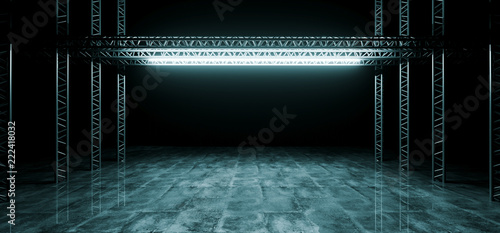 Sci-FI Futuristic Modern Dark Stage Structure On Concrete Wet Floor With Ice Blue Glowing Neon Tube Lights Empty Space Wallpaper Background 3D Rendering