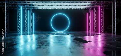 Fototapeta Naklejka Na Ścianę i Meble -  Sci-FI Futuristic Modern Dark Stage Structure On Concrete Wet Floor With Purple And Blue Glowing Neon Tube Lights With Glowing Neon Circle Shapes Empty Space Wallpaper Background 3D Rendering