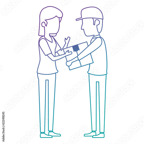 delivery worker lifting box and receiving woman