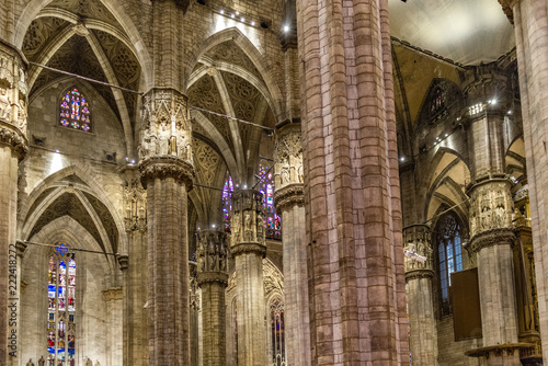 Columns, ceiling, vaults, stainglass windows, alters of interior of the Duomo di Milano photo